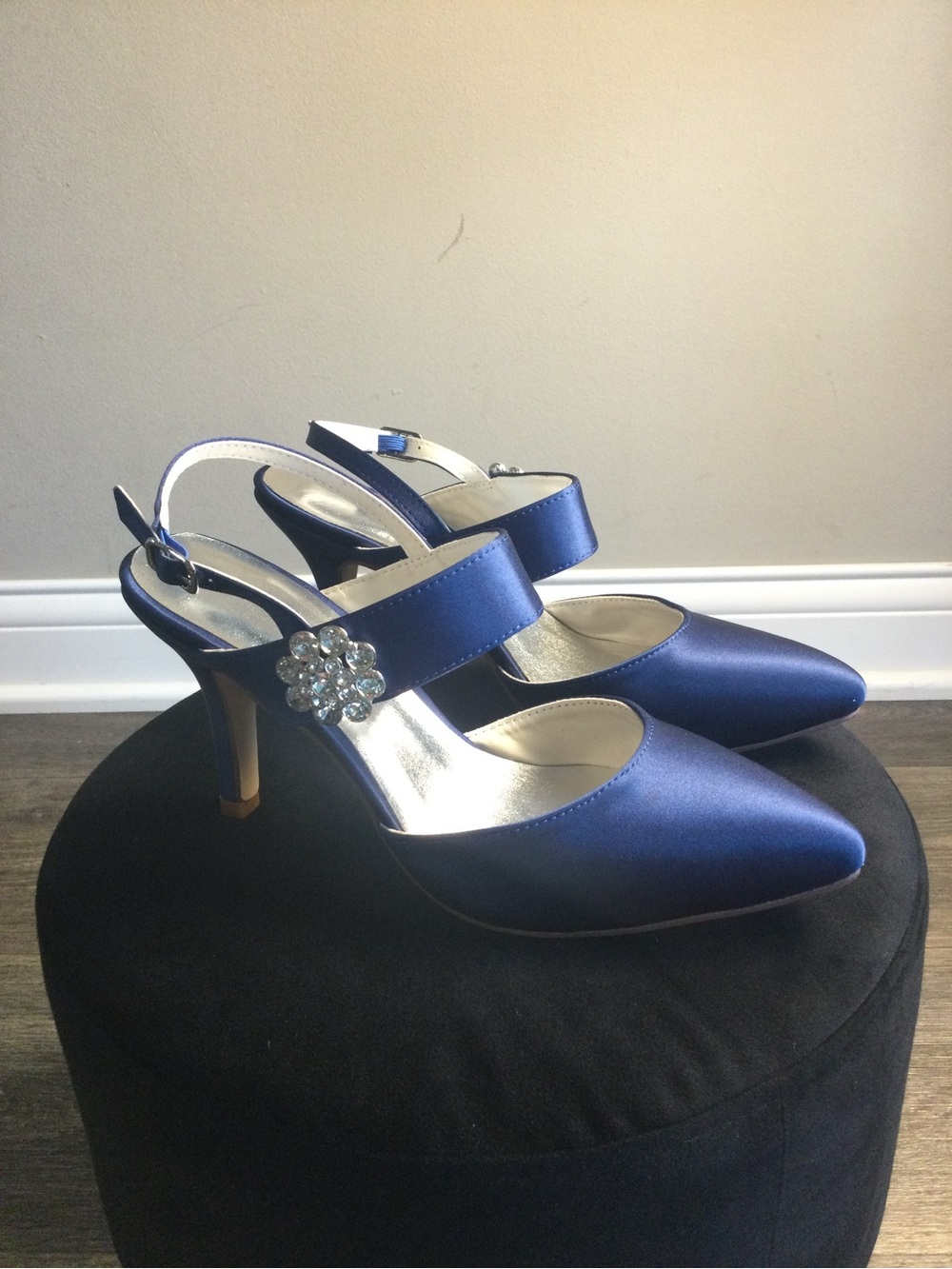Elegant Navy Satin Pointed-Toe Slingback Heels with Crystal Accent